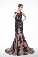 Formal Dress Long, Brown And Black Memraid Appliques Backless Prom Dresses With Sash