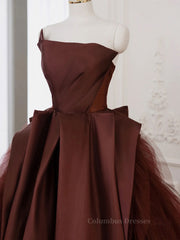 Evening Dress Wedding, Brown Satin Tulle Long Prom Gown, Brown Long Evening Dresses