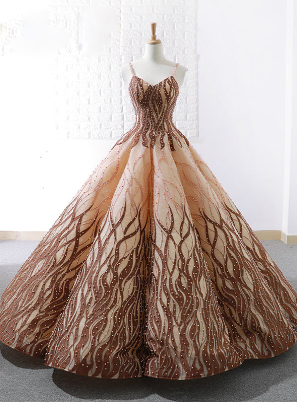 Brown Vintage Ball Gown Spaghetti Straps Wedding Dress With Pearls