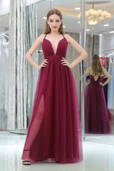 Bridesmaids Dresses For Beach Weddings, Burgundy A Line Floor Length Deep V Neck Sleeveless Side Slit Prom Dresses