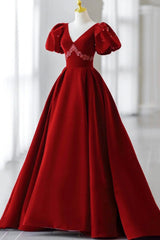 Burgundy A Line Puff Sleeves Velvet Long Prom Dress Evening Dress