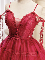 Evening Dresses Sale, Burgundy A-Line Tulle Lace Short Prom Dress, Burgundy Homecoming Dresses