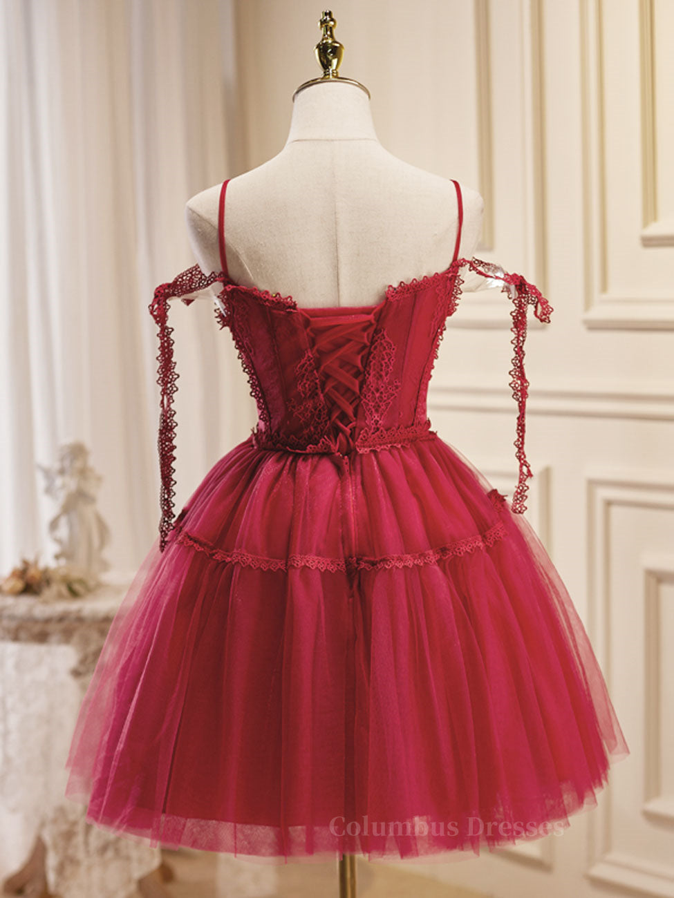 Evening Dress Sale, Burgundy A-Line Tulle Lace Short Prom Dress, Burgundy Homecoming Dresses