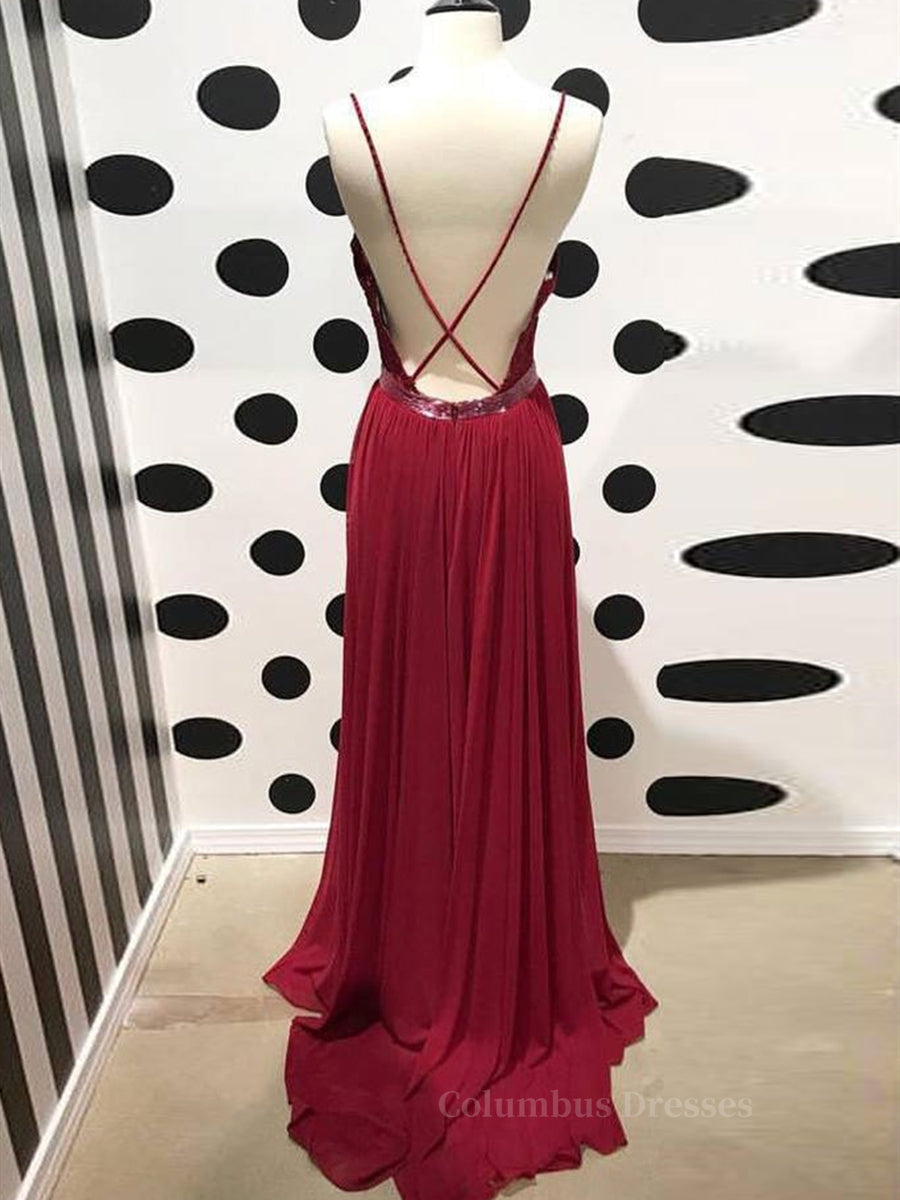 Prom Dresses 2023, Burgundy A Line V Neck Backless Lace Tulle Long Prom Dresses, Burgundy Lace Formal Dresses, Burgundy Evening Dresses