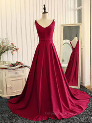 Prom Dress Ball Gown, Burgundy A Line V Neck Sweep Train Open Back Satin Long Prom Dress, V Neck Burgundy Formal Dress, Backless Evening Dress