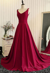 Prom Dresses Lace, Burgundy A Line V Neck Sweep Train Open Back Satin Long Prom Dress, V Neck Burgundy Formal Dress, Backless Evening Dress