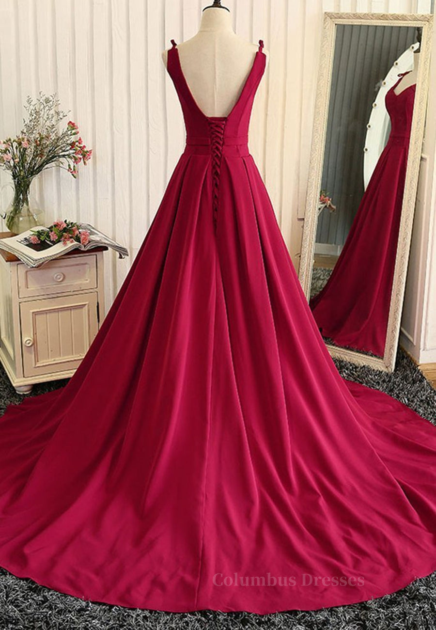 Prom Dresses With Sleeves, Burgundy A Line V Neck Sweep Train Open Back Satin Long Prom Dress, V Neck Burgundy Formal Dress, Backless Evening Dress