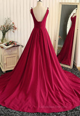 Prom Dresses With Sleeves, Burgundy A Line V Neck Sweep Train Open Back Satin Long Prom Dress, V Neck Burgundy Formal Dress, Backless Evening Dress