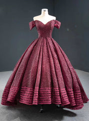 Burgundy Ball Gown  Sequins Off the Shoulder Prom Dress