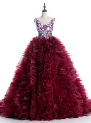 Burgundy Ball Gown Ruffles Beading Crystal Wedding Dress