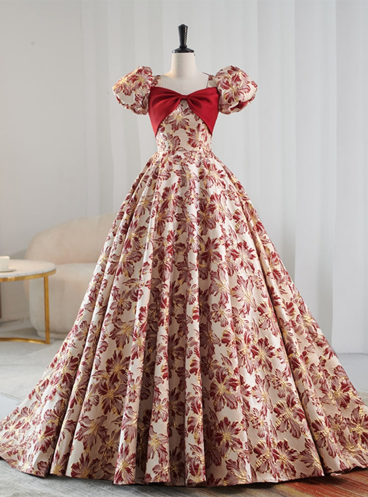 Burgundy Ball Gown Square Puff Sleeve Prom Dress