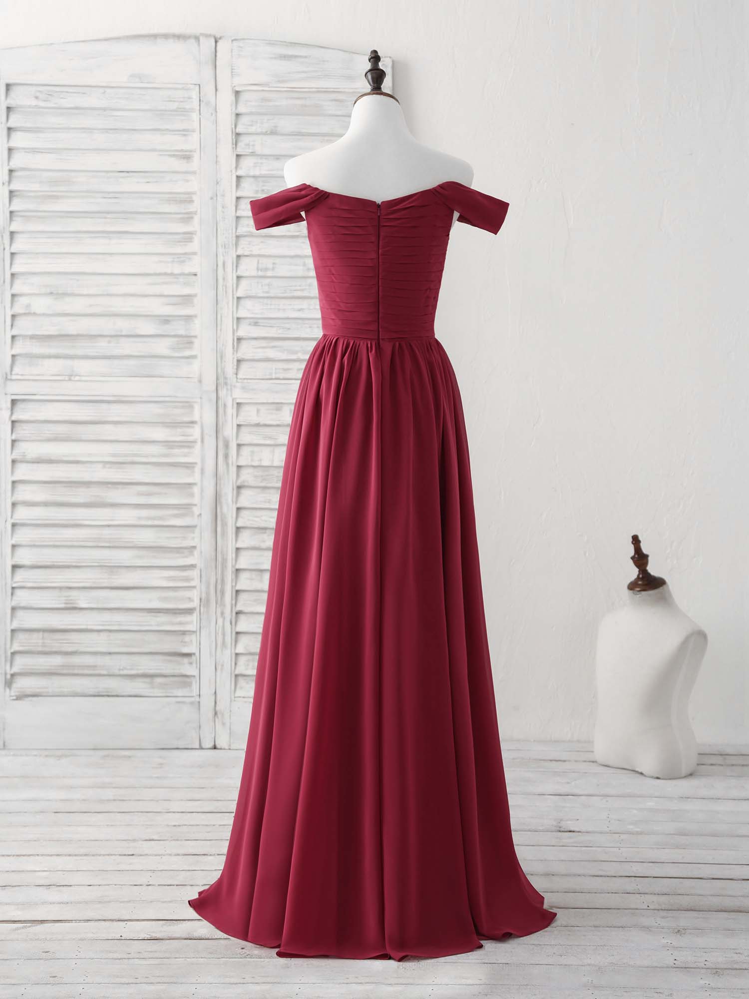 Bridesmaid Dresses Long Sleeves, Burgundy Chiffon Off Shoulder Long Prom Dress Burgundy Bridesmaid Dress