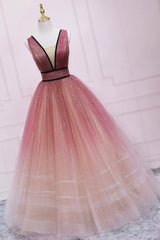 Formal Dresses Style, Burgundy Gradient Tulle Long Evening Dress, A-Line V-Neck Graduation Party Dress