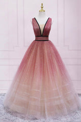 Formal Dress Style, Burgundy Gradient Tulle Long Evening Dress, A-Line V-Neck Graduation Party Dress