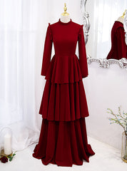 Burgundy High Neck Long Sleeve Prom Dress