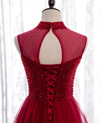 Semi Dress, Burgundy High Neck Tulle Sequin Beads Long Evening Dresses