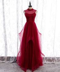 Off Shoulder Prom Dress, Burgundy High Neck Tulle Sequin Beads Long Evening Dresses