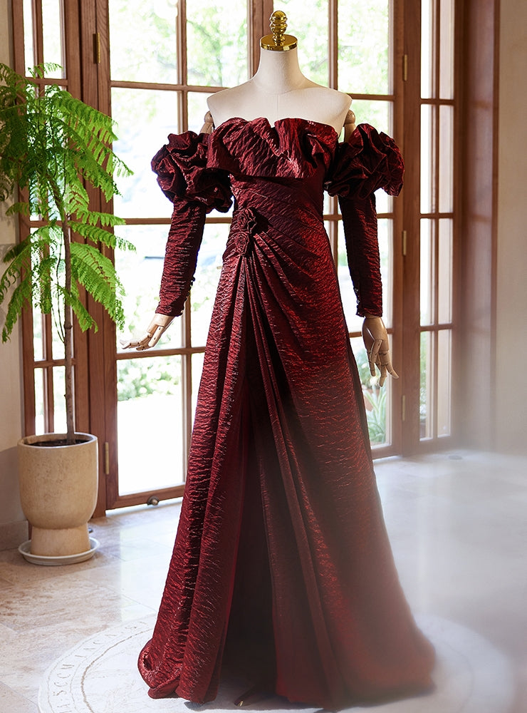 Burgundy Long Sleeve Pleats Prom Dress