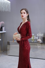 Bridesmaid Dress For Beach Wedding, Long Sleeve V Neck Floor Length Crystal Beaded Sequins Mermaid Prom Dresses