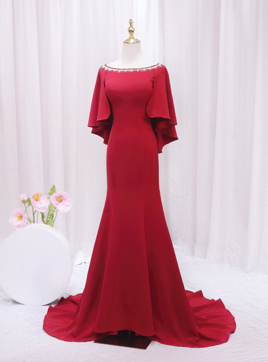 Burgundy Mermaid Bateau Beading Prom Dress