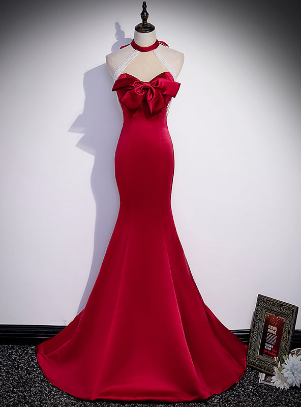 Burgundy Mermaid Satin Halter Backless Beading Prom Dress