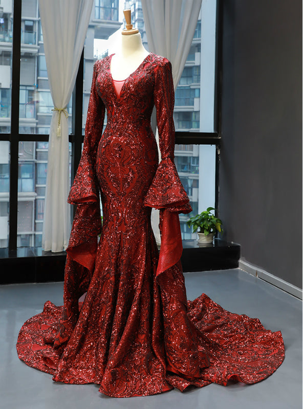 Burgundy Mermaid Sequins V-neck Flare Sleeve Backless Prom Dress