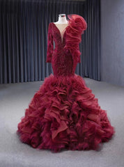 Burgundy Mermaid Tulle Beading Prom Dress