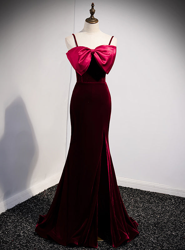 Burgundy Mermaid Velvet Spaghetti Straps Prom Dress With Bow