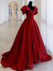 Prom Dresses Outfits, Burgundy off shoulder satin long prom dress, burgundy evening dress