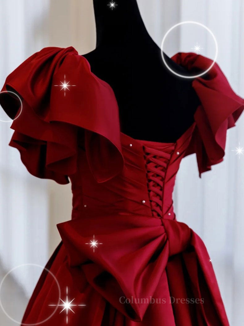 Prom Dress Elegant, Burgundy off shoulder satin long prom dress, burgundy evening dress