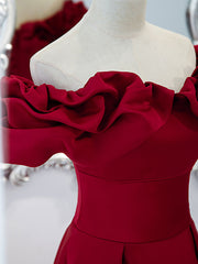 Prom Dress On Sale, Burgundy Off Shoulder Satin Long Prom Dress, Burgundy Formal Evening Dress