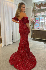 Burgundy Off Shoulder Sequins Mermaid Prom Dress with Slit