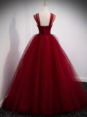 Dinner Outfit, Burgundy Off Shoulder Tulle Long Prom Dress, Burgundy Formal Dress