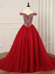 Burgundy Off the Shoulder Tulle Ball Gown Crystal Quinceanera Dress