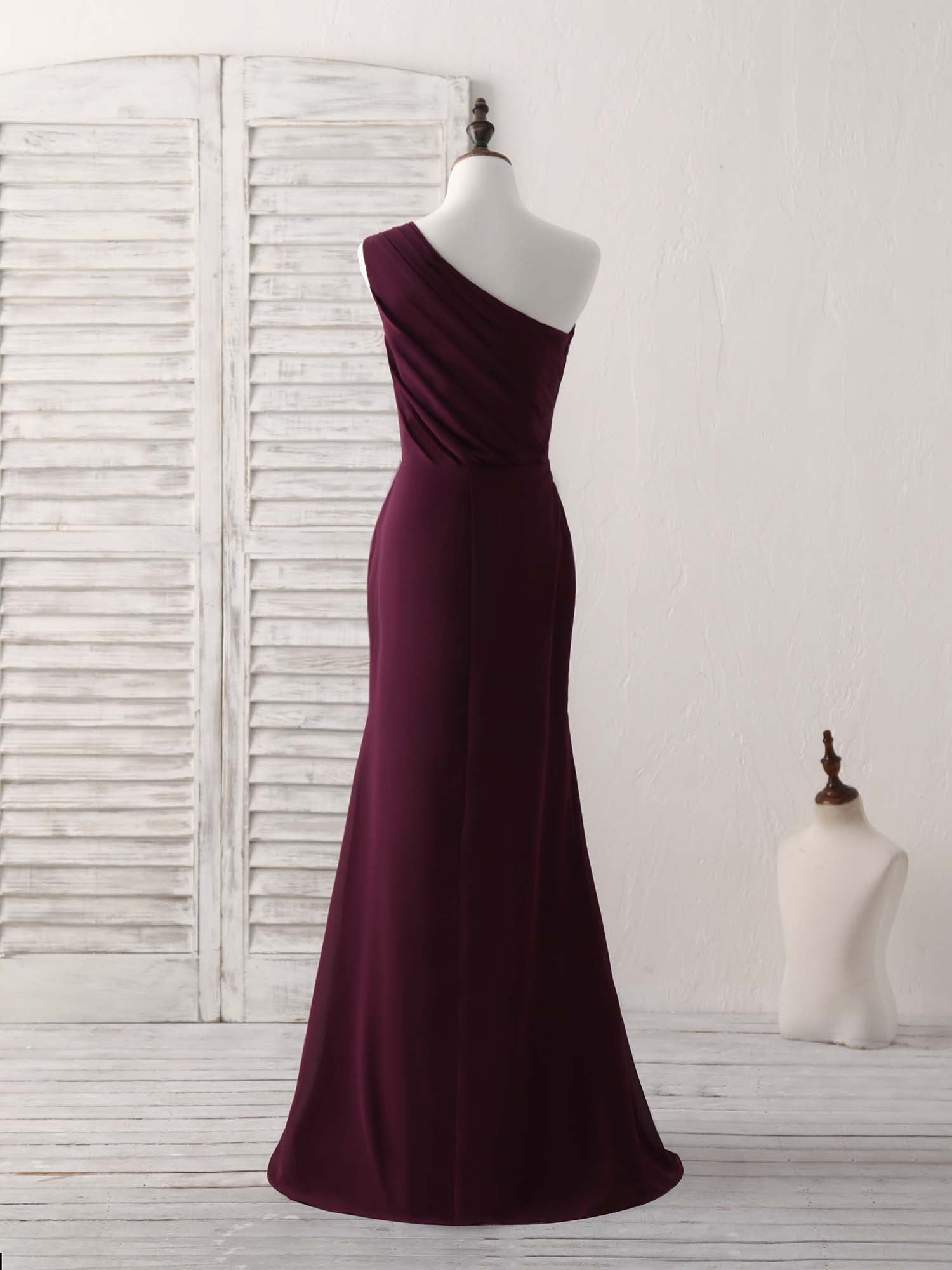 Bridesmaid Dress Blush Pink, Burgundy One Shoulder Chiffon Mermaid Long Prom Dresses