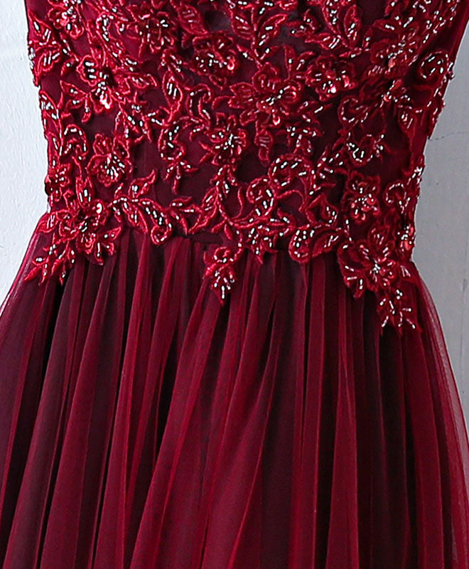 Prom Dressed Blue, Burgundy One Shoulder Long Prom Dress, Lace Evening Dress