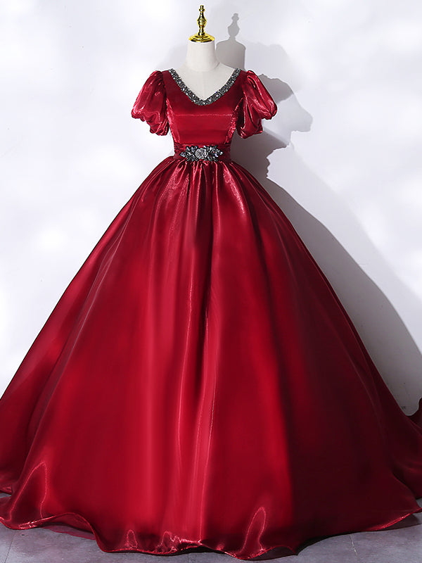 Burgundy Organza V-neck Puff Sleeve Beading Quinceanera Dress