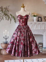 Burgundy Print Sweetheart Print Homecoming Dress