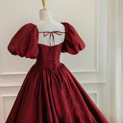 Groomsmen Attire, Burgundy Puffy Sleeves Taffeta Long Prom Dress, Floor Length Sweetheart Party Dress