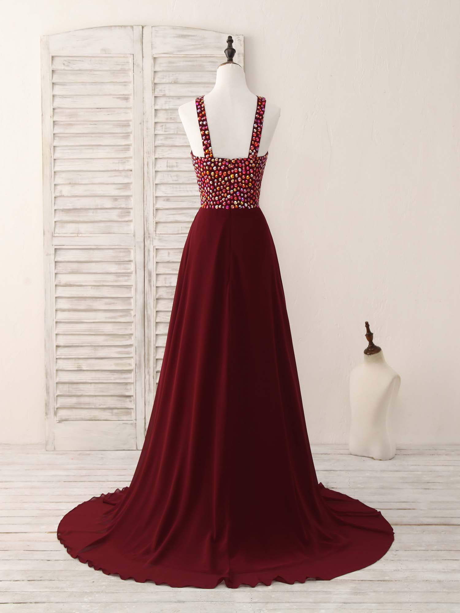 Party Dress Fancy, Burgundy Round Neck Chiffon Beads Long Prom Dress