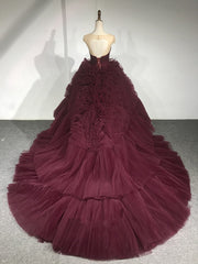 Burgundy Round Neck Tulle Burgundy Long Prom Gown, Burgundy Long Evening Dress