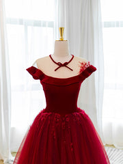 Party Dress Maxi, Burgundy Round Neck Tulle Lace Long Prom Dress, Burgundy Evening Dress