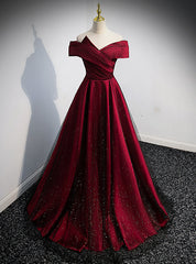 Burgundy Satin Black Tulle Off the Shoulder Pleats Prom Dress