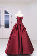 Burgundy Satin Floor Length Prom Dress, Beautiful A-Line Evening Party Dress