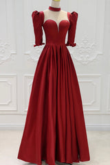 Prom Dress Boutique, Burgundy Satin High Neck Long Prom Dress, Burgundy A-Line Evening Party Dress