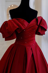 Burgundy Satin Long A Line Prom Dress,Elegant Evening Dress