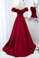 Bridesmaids Dress Long, Burgundy Satin Long Prom Dress, A-Line Off Shoulder Evening Party Dress