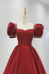 Bridesmaid Dress Designer, Burgundy Satin Long Prom Dress, A-Line Short Sleeve Evening Dress