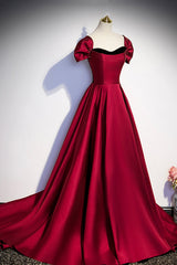 Bridesmaids Dresses Floral, Burgundy Satin Long Prom Dress, Simple A-Line Evening Party Dress