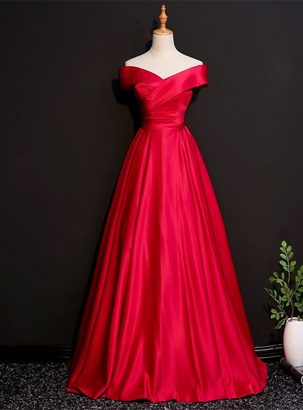 Burgundy Satin Off the Shoulder Pleats Prom Dress